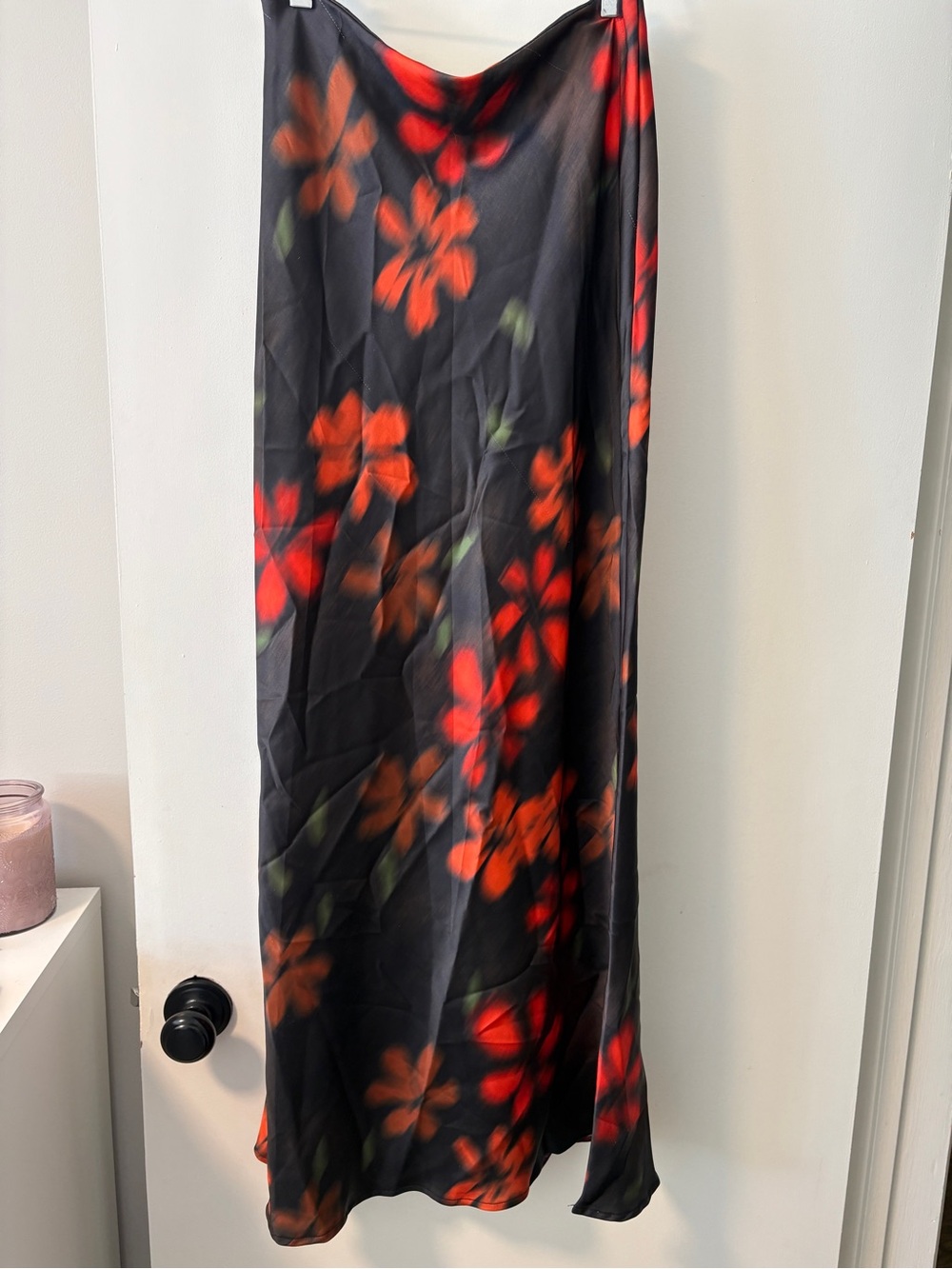 Nasty Gal Black Maxi Slip Skirt with Red Floral Print
